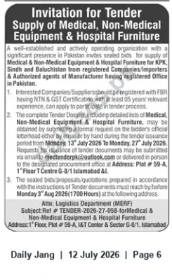 Newspaper clipping: Invitation for Tender: Supply of Medical, Non-Medical Equipment & Hospital Furniture, Jang, 12 Jul 2026