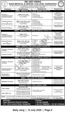 Newspaper clipping: Faculty and Clinical Staff Vacancies — Niazi Medical & Dental College, Sargodha, Jang, 12 Jul 2026