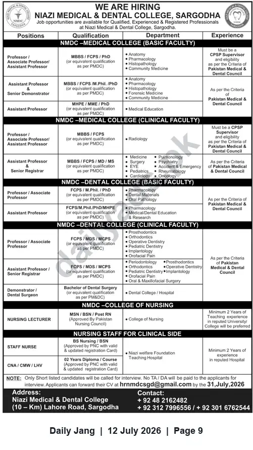 Newspaper clipping: Faculty and Clinical Staff Vacancies — Niazi Medical & Dental College, Sargodha, Jang, 12 Jul 2026