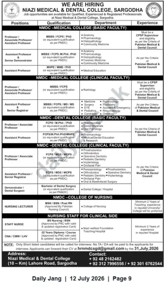Newspaper clipping: Faculty and Clinical Staff Vacancies — Niazi Medical & Dental College, Sargodha, Jang, 12 Jul 2026