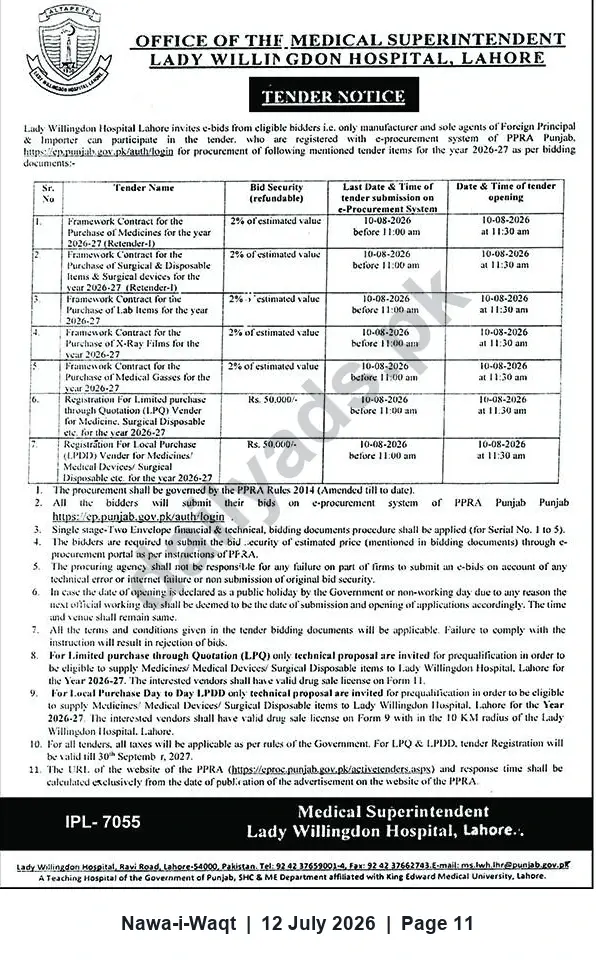 Newspaper clipping: Tender Notice: Supply of Medicines, Surgical & Disposable Items — Lady Willingdon Hospital, Lahore (2026-27), Nawa-i-Waqt, 12 Jul 2026