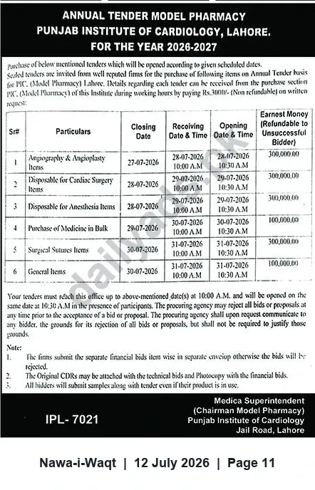 Newspaper clipping: Annual Tender — Model Pharmacy, Punjab Institute of Cardiology Lahore (2026–2027), Nawa-i-Waqt, 12 Jul 2026