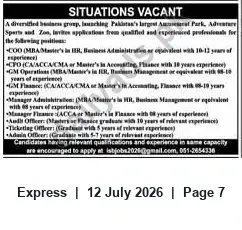 Newspaper clipping: Management, Finance and Operational Vacancies — Adventure Park & Zoo (Pakistan), Express, 12 Jul 2026