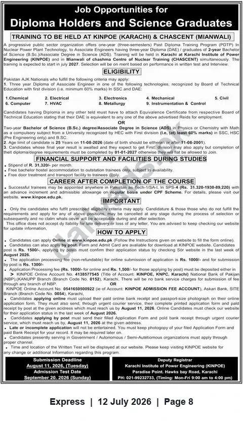 Newspaper clipping: Post-Diploma Training for Associate Engineers — KINPOE (Karachi) & CHASCENT (Mianwali), Express, 12 Jul 2026