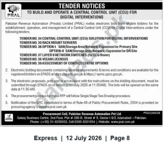 Newspaper clipping: PRAL Tender: Build and Operate Central Control Unit (CCU) and Related IT Infrastructure, Express, 12 Jul 2026