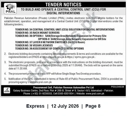 Newspaper clipping: PRAL Tender: Build and Operate Central Control Unit (CCU) and Related IT Infrastructure, Express, 12 Jul 2026