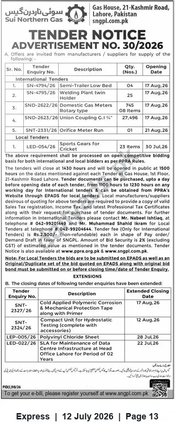 Newspaper clipping: Sui Northern Gas (SNGPL) Tender Notice — Advertisement No. 30/2026 (Various Equipment & Supplies), Express, 12 Jul 2026