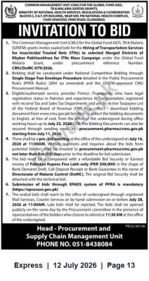 Newspaper clipping: Invitation to Bid: Transit & Transport Services for ITNs to Khyber Pakhtunkhwa (CMU/GFATM), Express, 12 Jul 2026