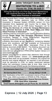 Newspaper clipping: ZTBL Tender: General Maintenance & Janitorial Services for Head Office & Allied Premises, Islamabad (Tender No. ZTBL-06-2026-2), Express, 12 Jul 2026