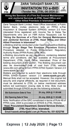 Newspaper clipping: ZTBL Tender: General Maintenance & Janitorial Services for Head Office & Allied Premises, Islamabad (Tender No. ZTBL-06-2026-2), Express, 12 Jul 2026