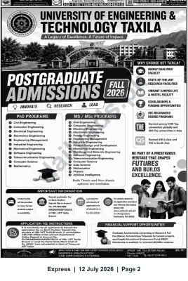 Newspaper clipping: UET Taxila — Postgraduate Admissions (Fall 2026), Express, 12 Jul 2026