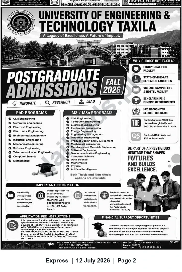 Newspaper clipping: UET Taxila — Postgraduate Admissions (Fall 2026), Express, 12 Jul 2026