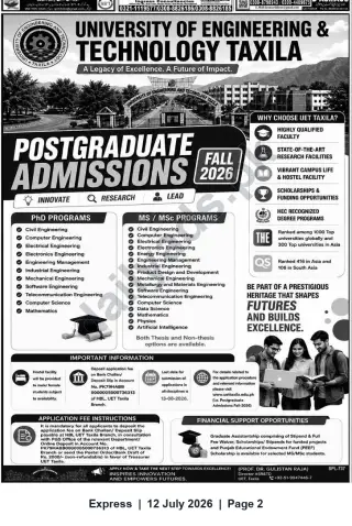 Newspaper clipping: UET Taxila — Postgraduate Admissions (Fall 2026), Express, 12 Jul 2026