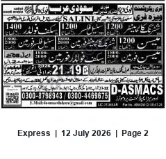 Newspaper clipping: Overseas Employment: Multiple Vacancies for Saudi Arabia with Monthly Salaries, Express, 12 Jul 2026