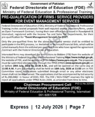 Newspaper clipping: FDE Pre-Qualification: Event Management Firms (Rawalpindi/Islamabad), Express, 12 Jul 2026