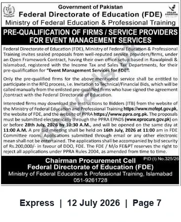 Newspaper clipping: FDE Pre-Qualification: Event Management Firms (Rawalpindi/Islamabad), Express, 12 Jul 2026