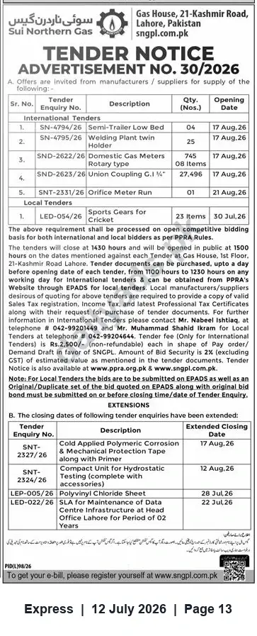 Newspaper clipping: Sui Northern Gas Pipelines Ltd. Tender Notice — Advertisement No. 30/2026, Express, 12 Jul 2026