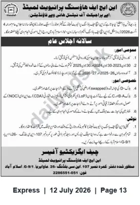 Newspaper clipping: NHF Housing Properties Limited — Annual General Meeting Notice, Express, 12 Jul 2026
