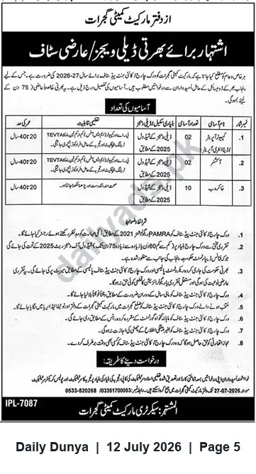 Newspaper clipping: Market Committee Gujrat — Contract Vacancies for Deputy and Support Staff, Dunya, 12 Jul 2026