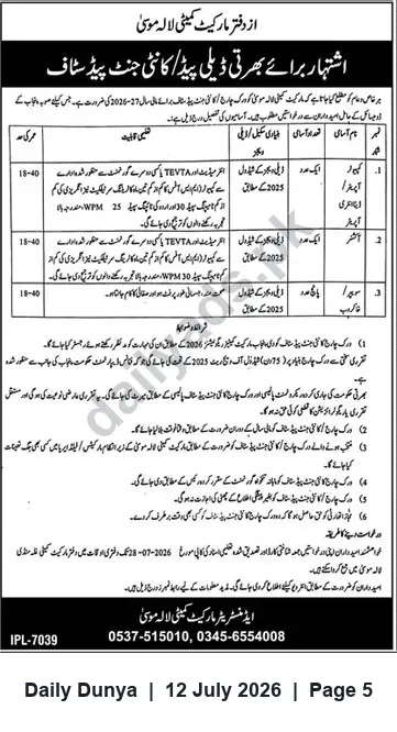 Newspaper clipping: Town Committee Lala Musa — Recruitment for Multiple Contract Positions, Dunya, 12 Jul 2026
