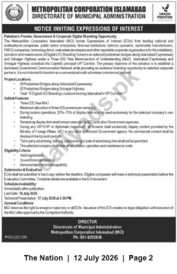 Newspaper clipping: MCI Invites EOIs for Digital Branding on Islamabad Pedestrian Bridges, The Nation, 12 Jul 2026