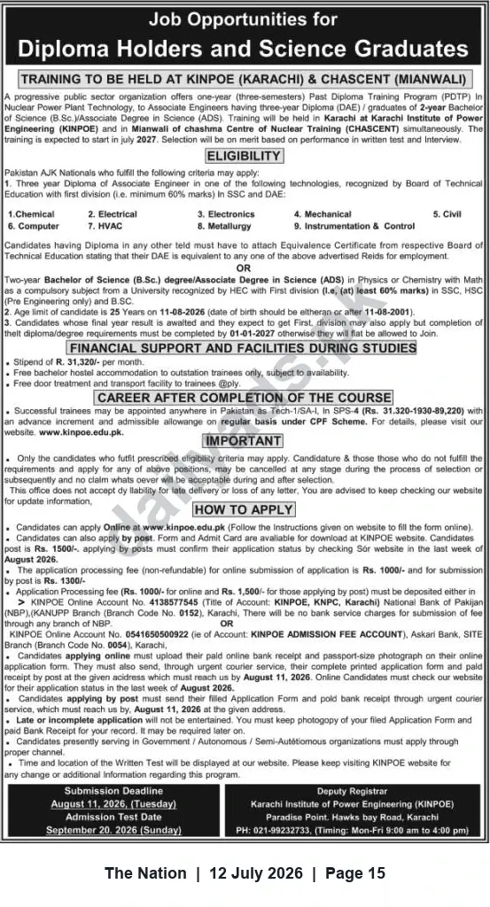 Newspaper clipping: KINPOE PDTP 2026 – Training & Associate Engineer Opportunities for Diploma Holders and Science Graduates, The Nation, 12 Jul 2026
