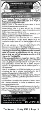 Newspaper clipping: PIEDMC Tender: Electrical Works for Security Surveillance at Bhawal Industrial Estate, The Nation, 12 Jul 2026