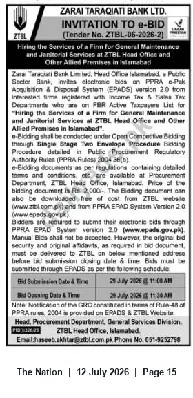 Newspaper clipping: ZTBL Invitation to e-Bid for General Maintenance & Janitorial Services (Tender No. ZTBL-06-2026-2), The Nation, 12 Jul 2026
