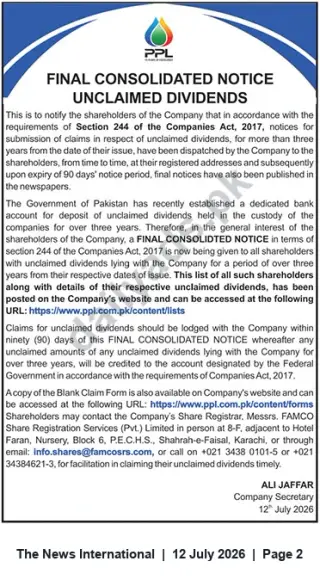 Newspaper clipping: PPL Final Consolidated Notice for Unclaimed Dividends, The News International, 12 Jul 2026
