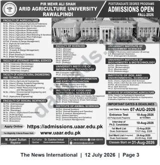 Newspaper clipping: Arid Agriculture University Rawalpindi — Postgraduate Admissions Open (Fall 2026), The News International, 12 Jul 2026