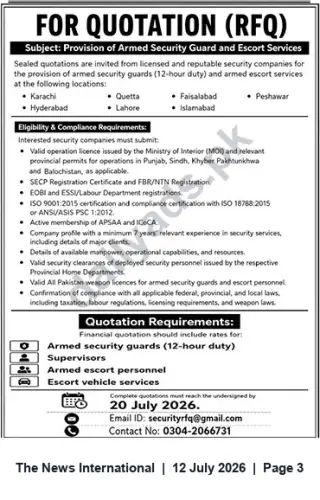 Newspaper clipping: RFQ: Provision of Armed Security Guards & Escort Services – Quotations due 20 July 2026, The News International, 12 Jul 2026