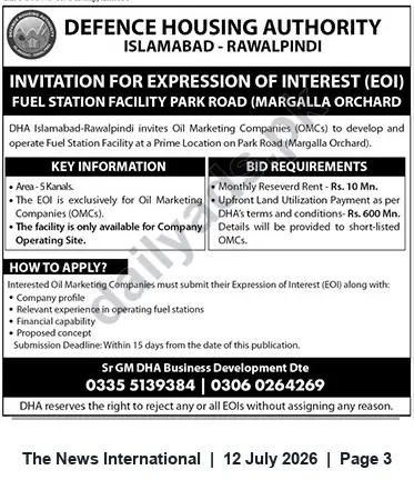 Newspaper clipping: DHA Islamabad-Rawalpindi Invites EOI for Fuel Station at Park Road (Margalla Orchard), The News International, 12 Jul 2026