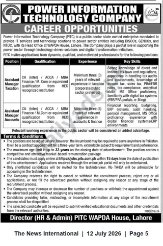 Newspaper clipping: PITC Careers: Assistant Manager — Taxation & Accounts (Lahore), The News International, 12 Jul 2026