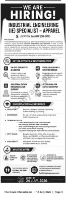 Newspaper clipping: Industrial Engineering (IE) Specialist – On-site, Lahore, The News International, 12 Jul 2026