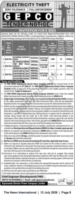 Newspaper clipping: GEPCO Invitation for E-Bids for Supply of Cables and Conductors — Closing 2026-07-30, The News International, 12 Jul 2026