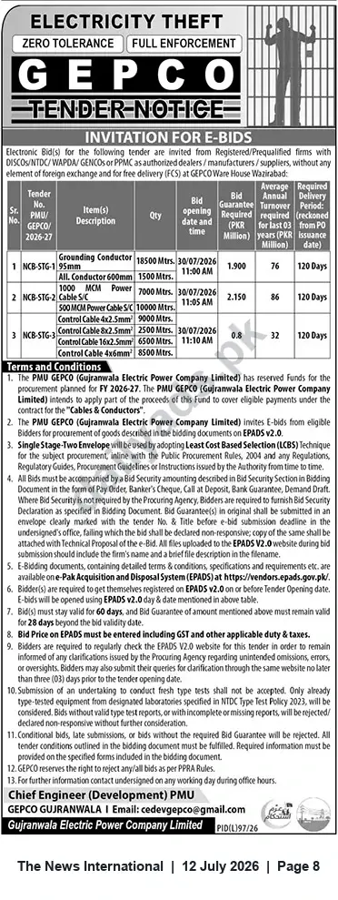 Newspaper clipping: GEPCO Invitation for E-Bids for Supply of Cables and Conductors — Closing 2026-07-30, The News International, 12 Jul 2026