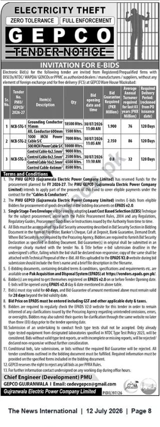 Newspaper clipping: GEPCO Invitation for E-Bids for Supply of Cables and Conductors — Closing 2026-07-30, The News International, 12 Jul 2026