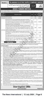 Newspaper clipping: IESCO Tender: E-Bids Invited for Supply of Office and Printing Materials, The News International, 12 Jul 2026