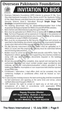 Newspaper clipping: OPF Invitation to Bid: Excavator, Tractor, Water Bowser & Allied Items — Islamabad, The News International, 12 Jul 2026