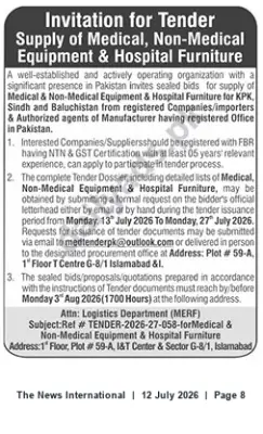 Newspaper clipping: Tender: Supply of Medical, Non-Medical Equipment & Hospital Furniture for KPK, Sindh & Balochistan, The News International, 12 Jul 2026