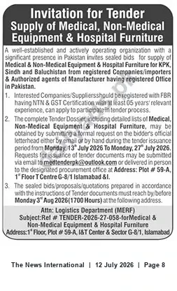 Newspaper clipping: Tender: Supply of Medical, Non-Medical Equipment & Hospital Furniture for KPK, Sindh & Balochistan, The News International, 12 Jul 2026