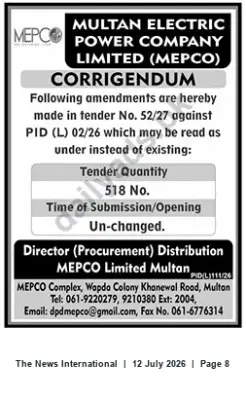 Newspaper clipping: MEPCO Multan Corrigendum — Tender No. 52/27 (PID(L) 02/26) Revised Quantity, The News International, 12 Jul 2026