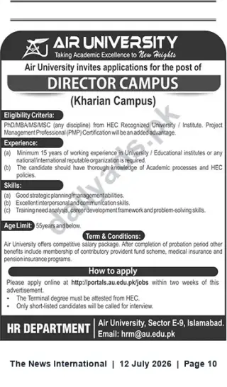 Newspaper clipping: Air University — Director, Kharian Campus (Job Opening), The News International, 12 Jul 2026