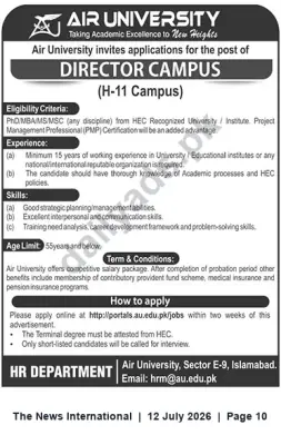 Newspaper clipping: Director Campus (H-11 Campus) – Air University Islamabad, The News International, 12 Jul 2026