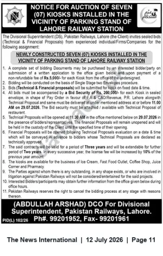 Newspaper clipping: Auction of Seven Kiosks at Lahore Railway Station (Parking Stand), The News International, 12 Jul 2026