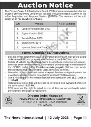 Newspaper clipping: PPIB e-Auction for Disposal of Used Official Vehicles (Islamabad), The News International, 12 Jul 2026