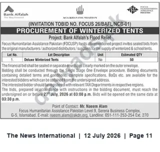 Newspaper clipping: Tender: Supply of 50 Deluxe Winterized Tents for Bank Alfalah Flood Relief, The News International, 12 Jul 2026