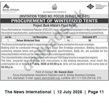 Newspaper clipping: Tender: Supply of 50 Deluxe Winterized Tents for Bank Alfalah Flood Relief, The News International, 12 Jul 2026