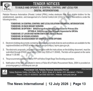 Newspaper clipping: PRAL Tender: Build and Operate Central Control Unit (CCU) for Digital Interventions, The News International, 12 Jul 2026