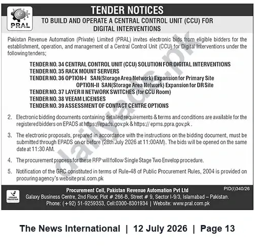 Newspaper clipping: PRAL Tender: Build and Operate Central Control Unit (CCU) for Digital Interventions, The News International, 12 Jul 2026